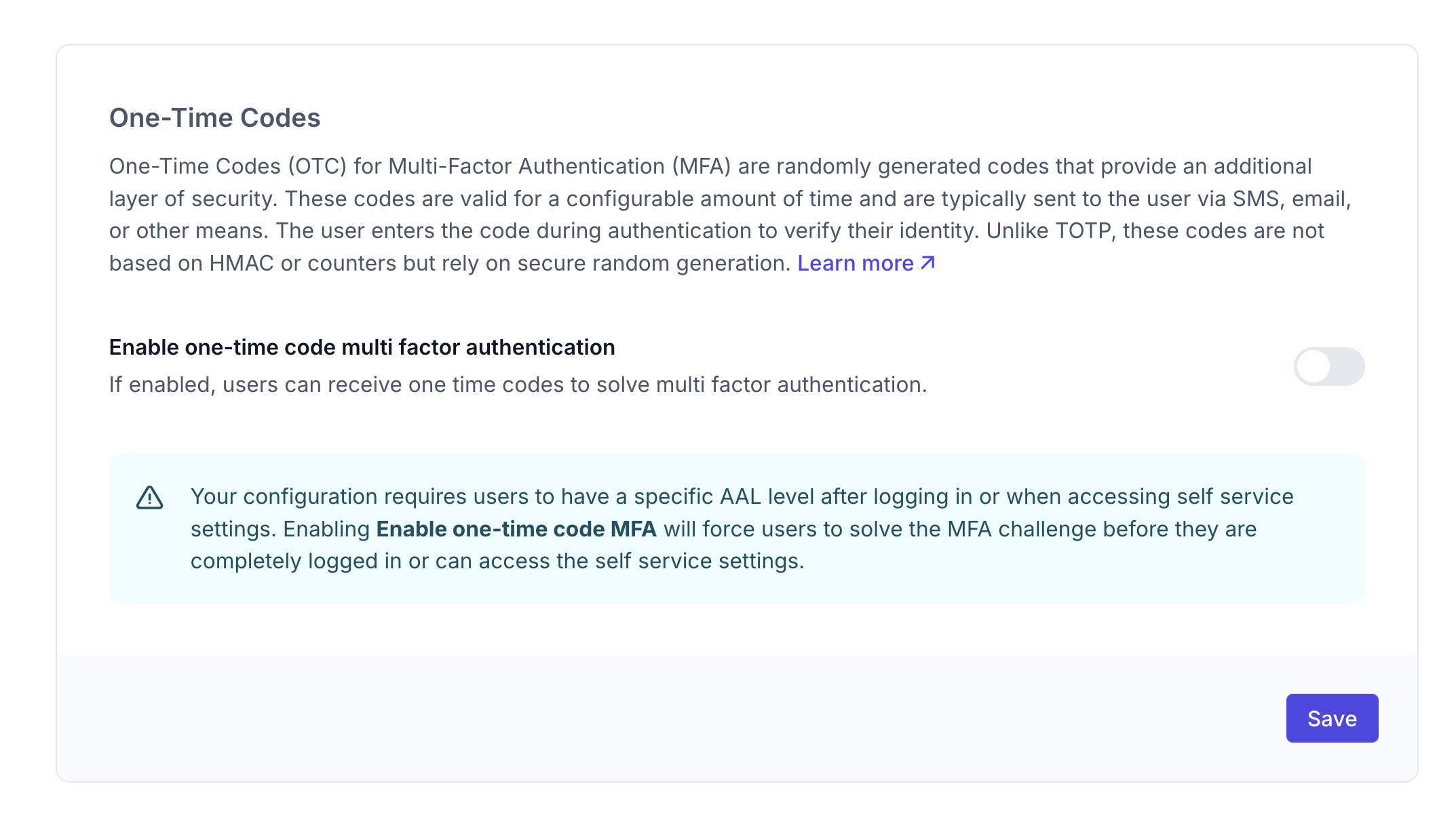 One-Time Codes Settings